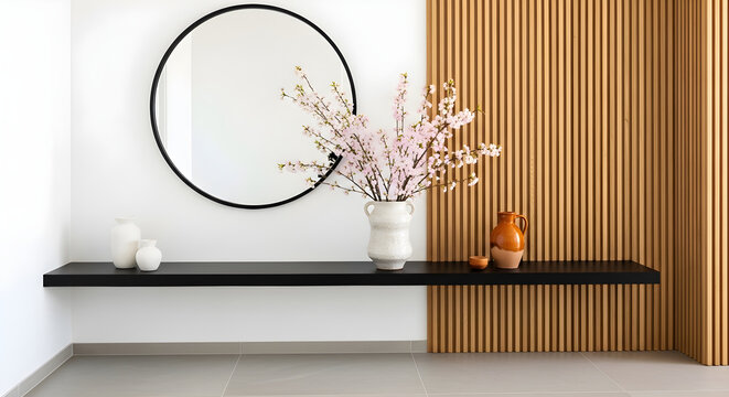 Elegant interior featuring a round mirror, floral arrangement, and minimalist shelf, creating a sophisticated and serene ambiance in a modern space