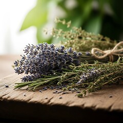 Herbal bunches dried lavender rosemary thyme on rustic wood surface fresh fragrant botanicals