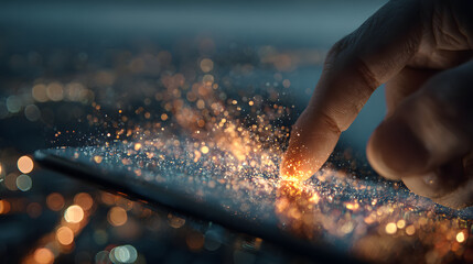 A finger taps on a glowing smartphone screen amidst blurred lights and floating particles representing digital connection