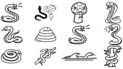 A collection of diverse black and white illustrations depicting various snake poses and styles.