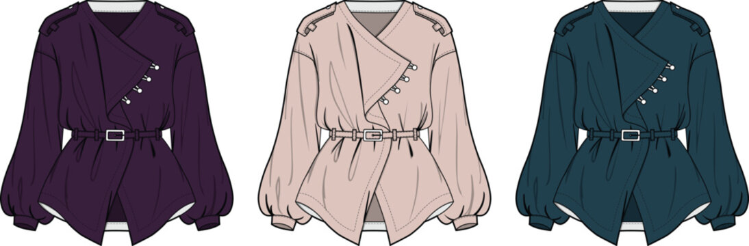 Fashion illustration of women's jacket in three different colors on a white background