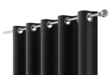 Stylish black grommet curtains on a silver rod, offering elegant window treatment and privacy. Perfect for modern home decor. background removed