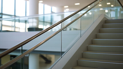 Modern staircase with glass railing and metal handrail ascends in a bright, open space, blending functionality with a contemporary aesthetic for seamless navigation.