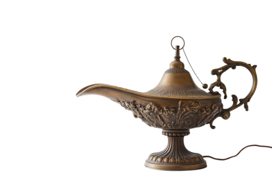 Ornate antique brass Aladdin style lamp, with intricate carvings and a decorative handle, cutout, PNG isolated on white or transparent background