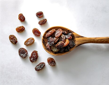Dried raisins on a white background with a tablespoon
