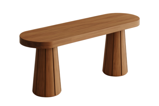 A modern wooden console table with an elliptical top and two flared, slatted bases, showcasing elegant minimalist design. background removed