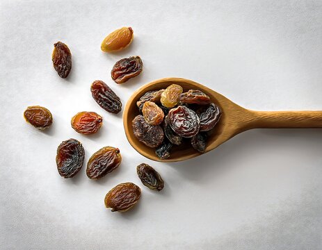 Dried raisins on a white background with a tablespoon