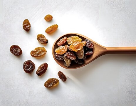 Dried raisins on a white background with a tablespoon