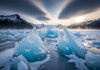Majestic arctic landscape with dramatic sunbeams illuminating icy formations and snow-capped mountains