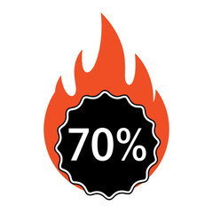 Hot deal marker icon with 70% discount in fiery design  
