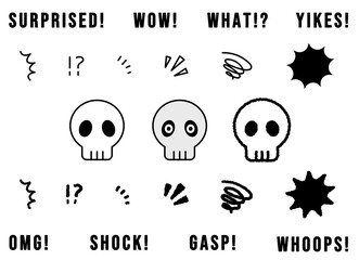 漫画風の驚きのリアクションのイラストセット。ドクロ、びっくり、衝撃、ショック、もやもや、がっかり、感情表現