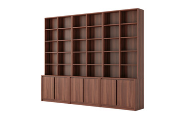 A large, modern wooden bookcase with numerous open shelves and three sections of base cabinets. Perfect for storage and display. background removed