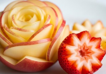 Intricately carved apple rose and strawberry flower art displayed for culinary presentation