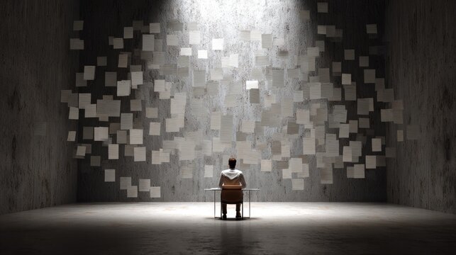 Focused entrepreneur in minimal room with suspended paperwork