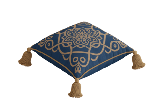 A luxurious blue square cushion adorned with intricate gold geometric patterns and tassels on all corners, exuding elegance and traditional style. background removed