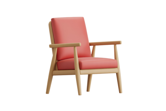 A minimalist 3D rendered armchair features soft pink cushions and a light wooden frame, ideal for modern interior design concepts. background removed