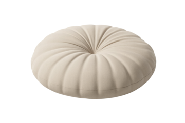A soft, round, light beige tufted cushion with a central button and pleated design, perfect for home decor comfort. background removed