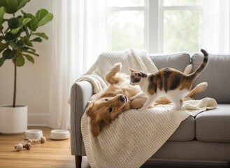 Golden Retriever dog playing with Calico cat on a gray couch with a cream colored knitted blanket.