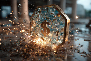 Sparkling shield of wealth breaks into dazzling crystals at sunset