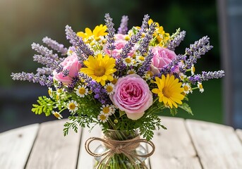 Beautiful colorful bouquet of fresh flowers with lavender roses and sunflowers on rustic table