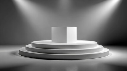 Fototapeta premium Minimalist white product display podium with clean background and soft studio lighting, professional hyper-realistic 8K presentation for modern online store, sleek commercial design