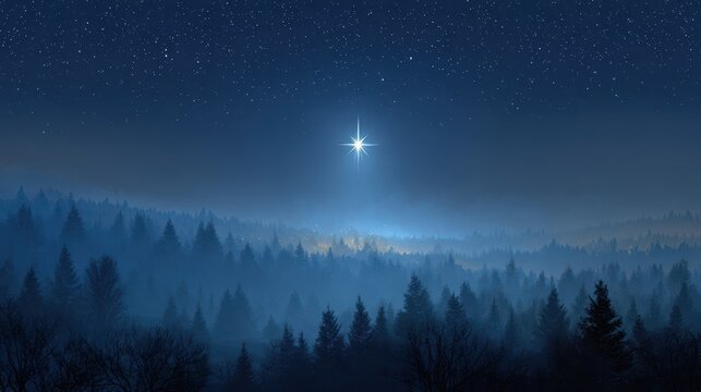 Fototapeta Star Over Bethlehem. Nativity of Jesus Christ with Bright Star in Starry Night Sky