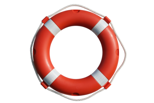 A vibrant red and white lifebuoy with a sturdy rope, ready for rescue and safety, isolated against a solid background. background removed