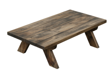 Rustic wooden picnic table with slatted top and angled legs, featuring a distressed finish, isolated on a transparent background. background removed