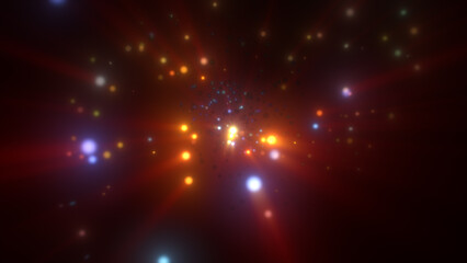 Naklejka premium Golden glowing particles radiating from a warm luminous core in a dark cosmic background