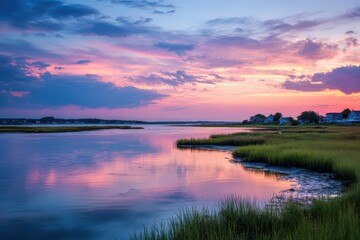 Fototapeta premium Sunset Over North River Marshfield Massachusetts: Tranquil Waterscape and Summer Serenity