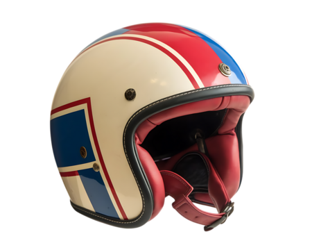 Vintage style motorcycle helmet, with red white and blue stripes and red leather interior, cutout, PNG isolated on white or transparent background