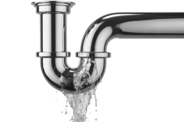 A shiny chrome P-trap plumbing pipe leaks water from its main bend, showing a splash against a plain background, symbolizing plumbing issues. background removed
