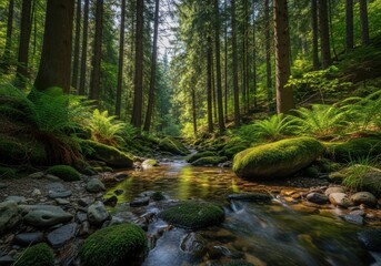 Fototapeta premium Sunlight streams through a lush green forest, illuminating a clear stream flowing over mosscovered rocks and pebbles
