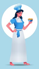 Young confectioner chef. Culinary worker in a chef's hat and apron. Cook with dessert in his hand. Full-length character.Vector isolated illustration. Flat character portrait.Not AI.