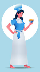 Young confectioner chef. Culinary worker in a chef's hat and apron. Cook with dessert in his hand. Full-length character.Vector isolated illustration. Flat character portrait.Not AI.
