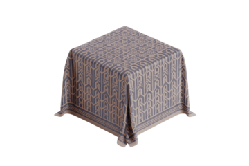 A chic square tablecloth with a detailed geometric pattern in elegant beige and blue-grey, draped over a cube, on a green backdrop. background removed