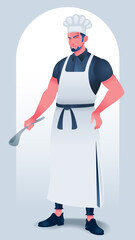 Young confectioner chef. Culinary worker in a chef's hat and apron. Cook with dessert in his hand. Full-length character.Vector isolated illustration. Flat character portrait.Not AI.
