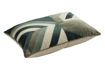 A stylish rectangular throw pillow with a geometric patchwork design in green, teal, and beige velvet, perfect for modern home decor. background removed