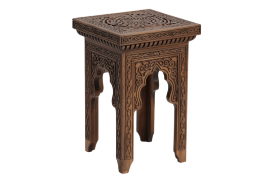 Intricately carved dark wood side table. Square top, central circular motif. Ornate arched legs, detailed traditional patterns. Beautiful ethnic decorative furniture. background removed