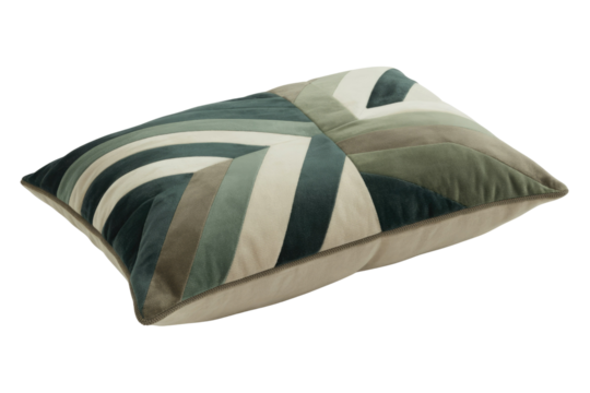 A stylish rectangular throw pillow with a geometric patchwork design in green, teal, and beige velvet, perfect for modern home decor. background removed