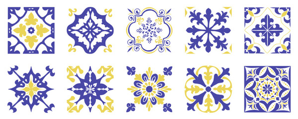 Set of Mediterranean tile and ornament pattern. Portuguese or Spanish brush painted ceramic ornament. Yellow blue Italian glazed pottery. Vector hand drawn Mediterranean classic floral decor.