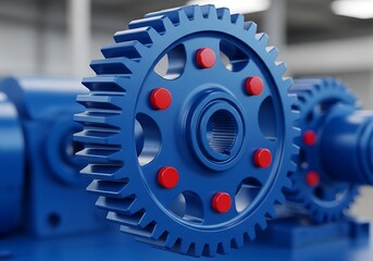 Close-up of a vibrant blue industrial gear with red accents in a workshop setting