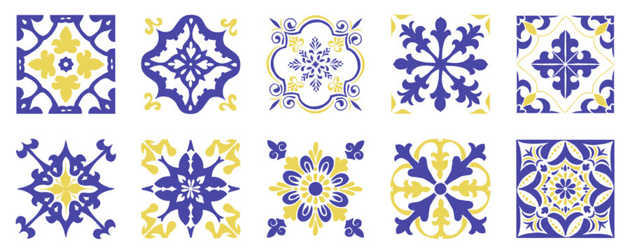 Set of Mediterranean tile and ornament pattern. Portuguese or Spanish brush painted ceramic ornament. Yellow blue Italian glazed pottery. Vector hand drawn Mediterranean classic floral decor.