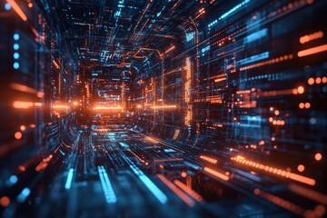 Futuristic digital tunnel illuminated by glowing blue and orange lights in a virtual environment