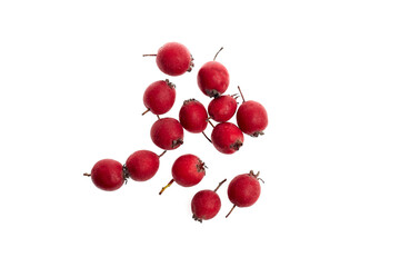 Hawthorn berries scattered on a white background, showcasing their vibrant red color and round shape, highlighting natural beauty and seasonal harvest appeal