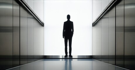Fototapeta premium Silhouette stands within bright elevator. Metallic walls reflect light, creating dramatic contrast. Minimalist composition, stark shadows present.