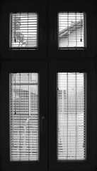 white fabric roller blinds on the plastic window with wood texture. Window with open modern vertical blinds indoor interior. White plastic  window blinds. Black and white