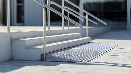 Modern architecture meets accessibility with sleek steps and a convenient metal ramp, complemented by shiny handrails. The design seamlessly blends functionality and style.