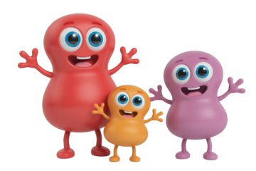 Three cheerful, colorful 3D cartoon characters, a red, orange, and purple blob, stand smiling with open arms, conveying happiness. background removed