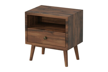 Stylish dark brown wooden nightstand with an open shelf, a single drawer, round knob, and splayed legs, featuring a modern design. background removed